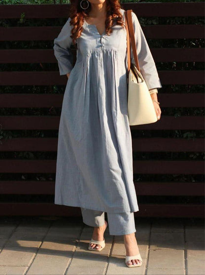 Elegant Cotton Slub Pleated Buttoned Co-ord Set – Chic & Comfortable!