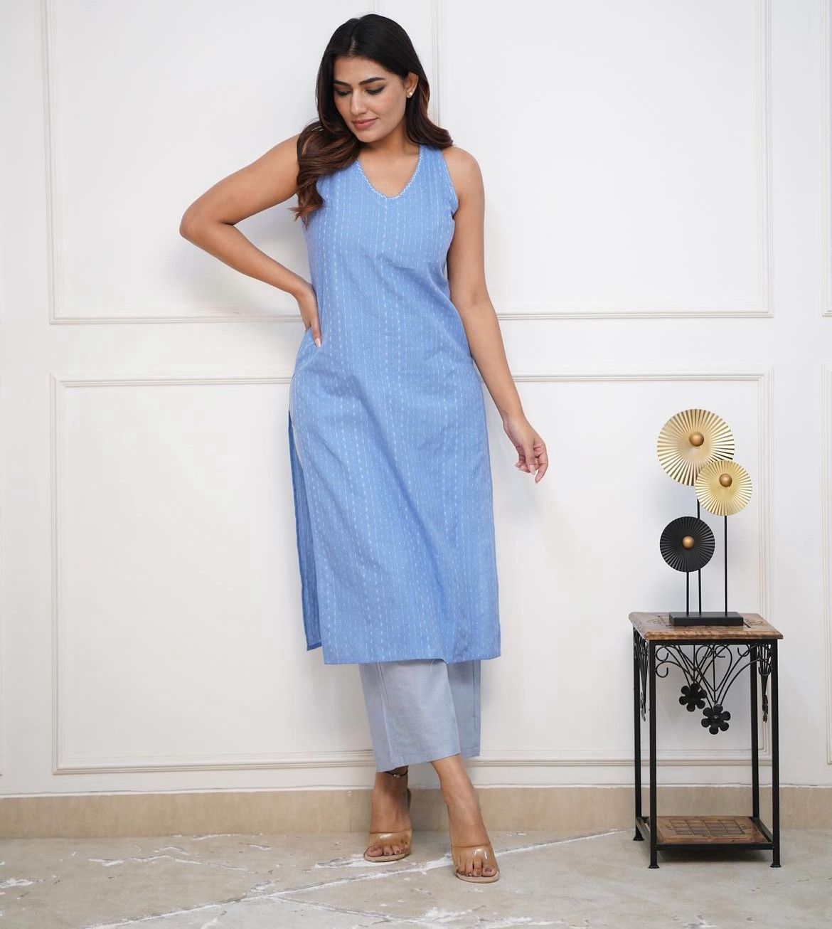 Pure Soft Cotton Handloom Katha work kurti  with  plazo