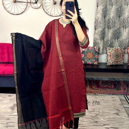 South Cotton Handloom Kurti With Temple Border