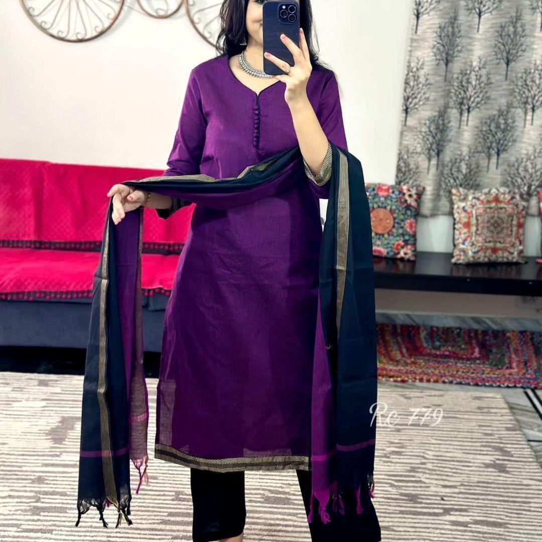 South Cotton Handloom Kurti With Temple Border