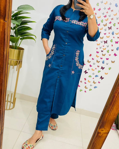 Elegant Cotton Slub Embroidered Kurti with Pant – Stylish & Comfortable by Klothcart!